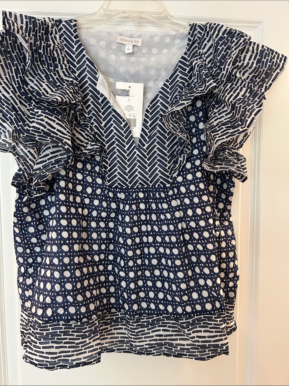 crown & ivy Navy and White Patterned Ruffle Sleeve V-Neck Blouse